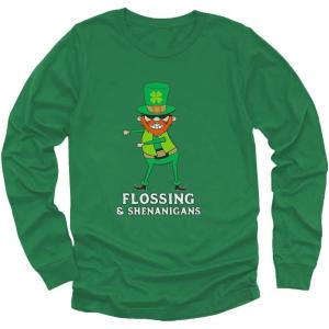 imageSt Patricks Day Irish Clover Floss Leprechaun Youth Kids Long Sleeve TShirtGreen