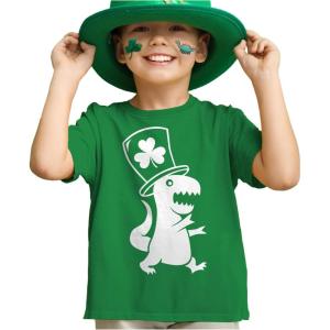 imageTstars Kids St Patricks Day TShirt  Dinosaur TRex ampamp Shamrock Clover  Digging Construction Boys ampamp Girls Toddler TeeTophat  Green