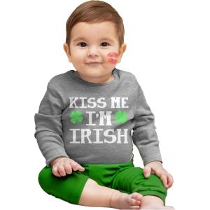 imageTstars St Patricks Day Baby Outfit  Lucky Shamrock Clover Long Sleeve Infant Bodysuit for Boys ampamp GirlsKiss Me  Gray