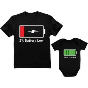 imageTstars 100 Charged ampamp Battery Low Fathers Day Matching Dad Shirt and Infant Bodysuit Gift for New Dads Daddy and Me ShirtsFather Black  Baby Black