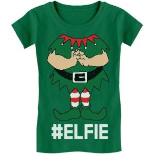 imageTeeStars  Elf Suit Funny Elfie Christmas Girls Fitted Kids TShirtGreen