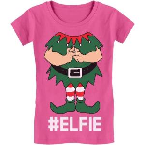 imageTeeStars  Elf Suit Funny Elfie Christmas Girls Fitted Kids TShirtWow Pink