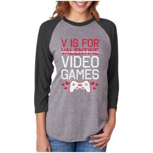 imageV is for Video Games Valentines Gamer 34 Women Sleeve Baseball Jersey ShirtBlackGray