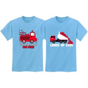 imageValentines Day Matching TShirt Set for Brothers Firetruck ampamp Dump Truck Heart Fire California Blue 2T  Dump California Blue 3T
