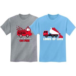 imageValentines Day Matching TShirt Set for Brothers Firetruck ampamp Dump Truck Heart Fire Gray 4T  Dump California Blue 3T
