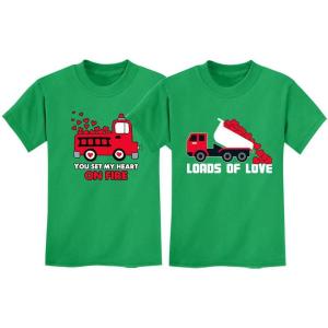 imageValentines Day Matching TShirt Set for Brothers Firetruck ampamp Dump Truck Heart Fire Green 2T  Dump Green 3T