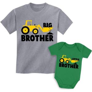 imageTractor Big Brother Little Brother Matching Sibling Outfits Toddler Kids Tshirt ampamp Baby Bodysuit SetBaby Green  Kids Gray
