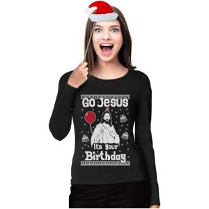 imageTstars Go Jesus Its Your Birthday Ugly Christmas Sweater Women Long Sleeve TShirtBlack