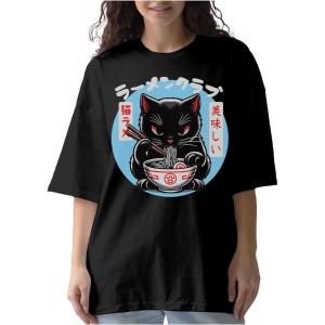 imageTstars Kawaii Cat Eating Ramen Noodle Anime Shirt for Men Women Japanese Manga Unisex Oversized ShirtsBlack