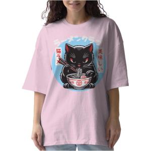 imageTstars Kawaii Cat Eating Ramen Noodle Anime Shirt for Men Women Japanese Manga Unisex Oversized ShirtsPowder Pink