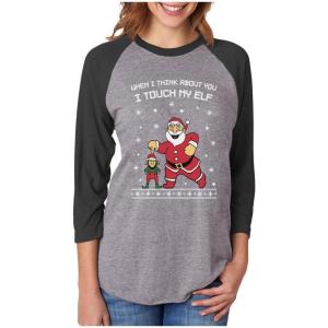 imageTstars I Touch My Elf Ugly Christmas Sweater 34 Women Sleeve Baseball Jersey ShirtBlackGray