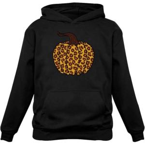 imageTstars Leopard Halloween Pumpkin Sweatshirt Fall Top Thanksgiving Women HoodieBlack