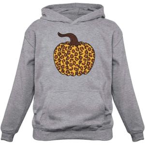 imageTstars Leopard Halloween Pumpkin Sweatshirt Fall Top Thanksgiving Women HoodieGray