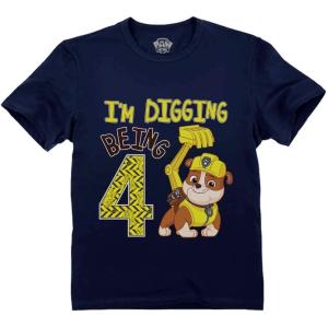imageTstars Paw Patrol Rubble Digging Being 4 Construction Bulldozer 4th Birthday Toddler Kids TShirtNavy