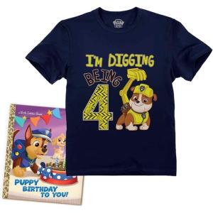imageTstars Paw Patrol Rubble Digging Being 4 Construction Bulldozer 4th Birthday Toddler Kids TShirtNavyteebooksticker