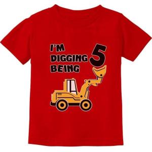 imageTstars 5 Years Old Gift 5th Birthday Bulldozer Construction Party Toddler Kids TShirtRed