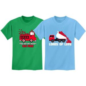 imageValentines Day Matching TShirt Set for Brothers Firetruck ampamp Dump Truck Heart Fire Green 56  Dump California Blue 3T