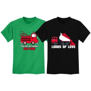 imageValentines Day Matching TShirt Set for Brothers Firetruck ampamp Dump Truck Heart Fire Green 56  Dump Black 3T
