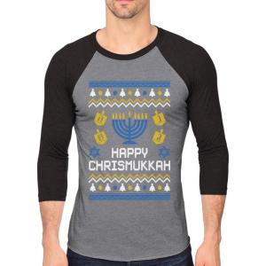 imageTstars Happy Chrismukkah Xmas Hanukkah Ugly Christmas 34 Sleeve Baseball Jersey Shirt MediumBlackGray