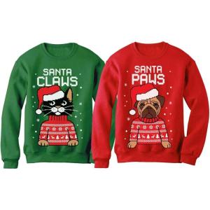 imageTstars Santa Paws Santa Claws Ugly Christmas Sweater Sweatshirt Matching Couple SetClaws Green  Paws Red