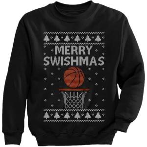 imageTstars Basketball Boys Ugly Christmas Sweater Style Sweatshirt Merry Swishmas Xmas Holiday Youth Kids SweatshirtsBlack