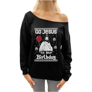 imageTstars Go Jesus Its Your Birthday Ugly Christmas Sweater Off Shoulder SweatshirtBlack