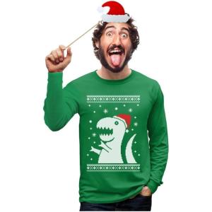 imageTstars Ugly Christmas Sweater Big Trex Santa  Funny Xmas Long Sleeve TShirtGreen