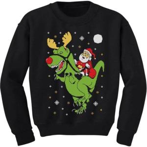imageTstars Trex Ugly Christmas Sweater Style Santa Riding Dino Youth Kids SweatshirtBlack