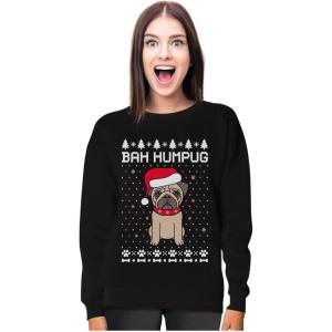 imageTstars  Bah Humpug Funny Ugly Christmas Puppy Pug Dog Women SweatshirtBlack