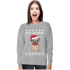 imageTstars  Bah Humpug Funny Ugly Christmas Puppy Pug Dog Women SweatshirtGray