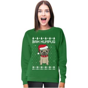 imageTstars  Bah Humpug Funny Ugly Christmas Puppy Pug Dog Women SweatshirtGreen