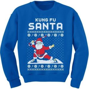 imageTstars KungFu Santa Ugly Christmas Sweatshirt Funny Tacky Sweater Style Xmas Holiday Youth Kids SweatshirtsBlue