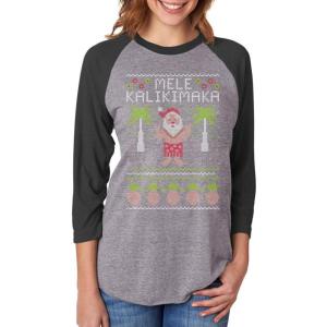 imageTstars Mele Kalikimaka Hawaiian Santa Ugly Christmas 34 Sleeve Women Raglan ShirtBlackGray
