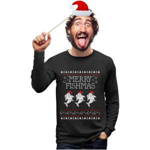 imageTstars Merry Fishmas Ugly Christmas Shirt for Men Tacky Sweater Style Holiday Xmas Long Sleeve TShirtBlack