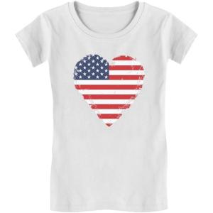 imageTstars American Heart Flag Girls 4th of July Shirt Memorial Day Patriotic Red White and Blue Toddler Kids Fitted TShirtWhite