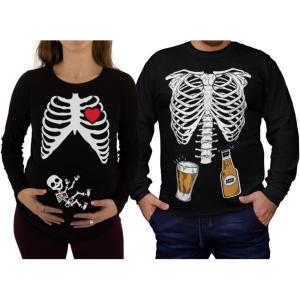 imagePregnant Halloween Costume Skeleton Xray Couples Matching Long Sleeve ShirtsMen Black  Women Black