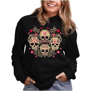 imageTstars Rose Eye Sugar Skulls Sweatshirt Day of The Dead Gothic Womens HoodieBlack