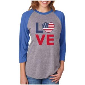 imageTstars 4th of July Love USA Heart Flag Patriotic 34 Women Sleeve Baseball Jersey ShirtBlueGray