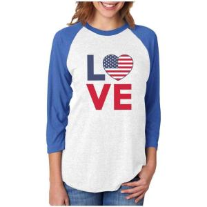 imageTstars 4th of July Love USA Heart Flag Patriotic 34 Women Sleeve Baseball Jersey ShirtBlueWhite