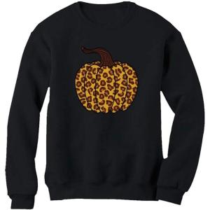 imageTstars Leopard Halloween Pumpkin Fall Top Thanksgiving Women SweatshirtBlack