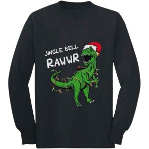 imageTstars Christmas Shirt Jingle Bell Rawr T Rex Santa Youth Kids Long Sleeve TShirtBlack