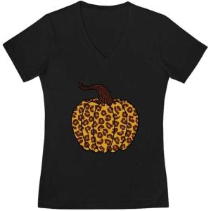 imageTstars Leopard Halloween Pumpkin Shirt Fall Thanksgiving VNeck Fitted Women TShirtBlack