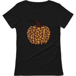 imageTstars Leopard Halloween Pumpkin Shirt Fall Top Thanksgiving Women TShirtBlack