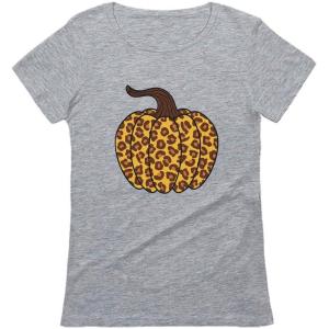 imageTstars Leopard Halloween Pumpkin Shirt Fall Top Thanksgiving Women TShirtGray