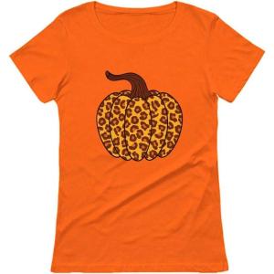 imageTstars Leopard Halloween Pumpkin Shirt Fall Top Thanksgiving Women TShirtOrange