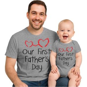 imageTstars Our First Fathers Day Dad and Baby Matching Outfits  New Dads Gift Adult Shirt and Infant BodysuitDad Gray  Baby Gray