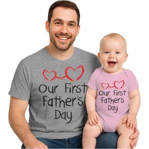 imageTstars Our First Fathers Day Dad and Baby Matching Outfits  New Dads Gift Adult Shirt and Infant BodysuitDad Gray  Baby Pink