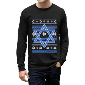 imageTstars TeeStars  Happy Hanukkah Ugly Holiday Sweater Star of David Long Sleeve TShirtBlack