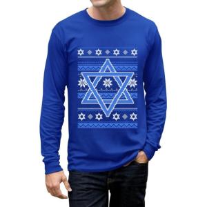 imageTstars TeeStars  Happy Hanukkah Ugly Holiday Sweater Star of David Long Sleeve TShirtBlue