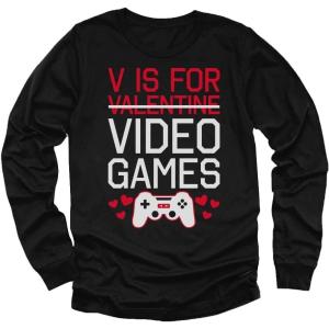 imageTstars V is for Video Games Funny Valentines Day Gamer Youth Kids Long Sleeve TShirtBlack